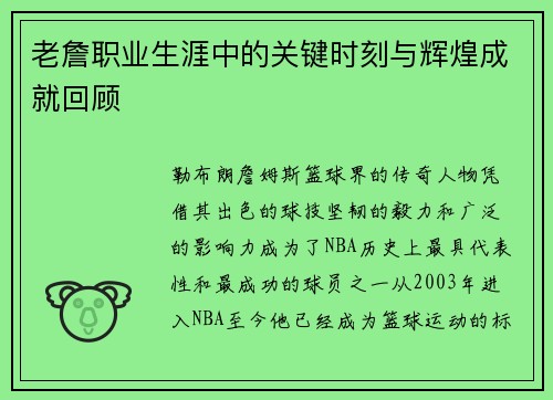 老詹职业生涯中的关键时刻与辉煌成就回顾