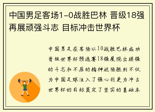 中国男足客场1-0战胜巴林 晋级18强再展顽强斗志 目标冲击世界杯
