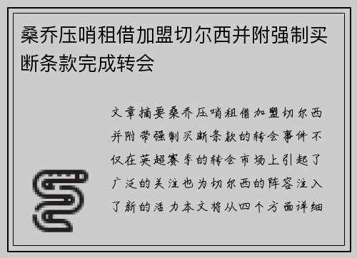 桑乔压哨租借加盟切尔西并附强制买断条款完成转会
