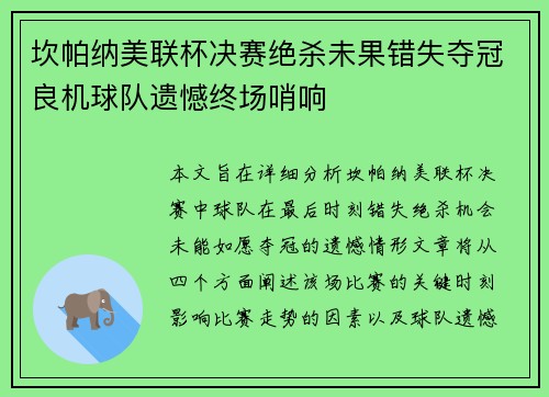 坎帕纳美联杯决赛绝杀未果错失夺冠良机球队遗憾终场哨响