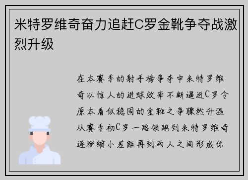 米特罗维奇奋力追赶C罗金靴争夺战激烈升级